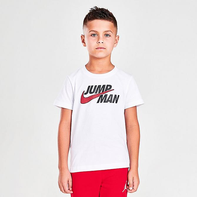 Back Left view of Boys' Little Kids' Jordan Jumpman by Nike 3-Piece Hoodie, T-Shirt and Jogger Pants Set in White/Red/Grey Click to zoom