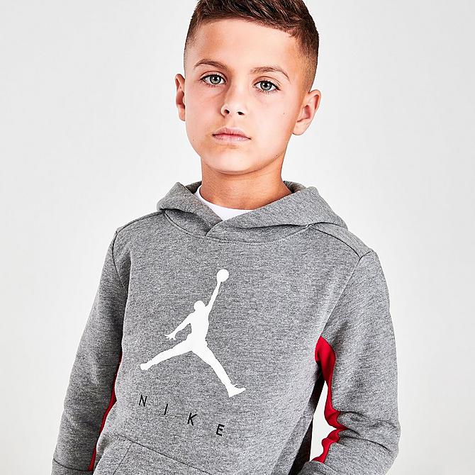 On Model 5 view of Boys' Little Kids' Jordan Jumpman by Nike 3-Piece Hoodie, T-Shirt and Jogger Pants Set in White/Red/Grey Click to zoom