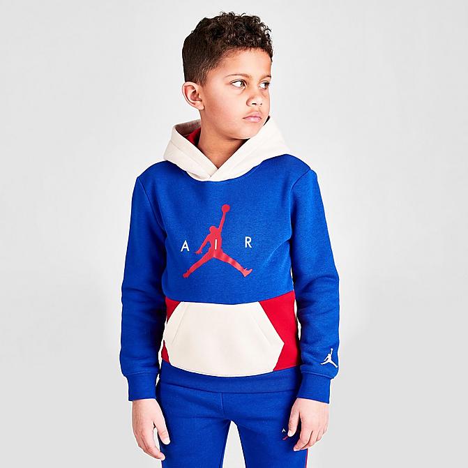 Front view of Boys' Little Kids' Jordan Wild Utility Pullover Hoodie in Racer Blue/Pearl White/Gym Red Click to zoom