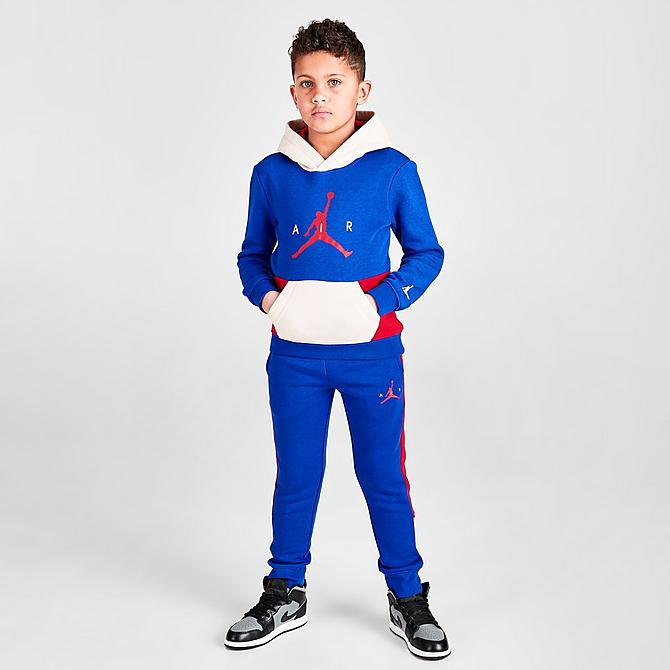 Front Three Quarter view of Boys' Little Kids' Jordan Wild Utility Pullover Hoodie in Racer Blue/Pearl White/Gym Red Click to zoom
