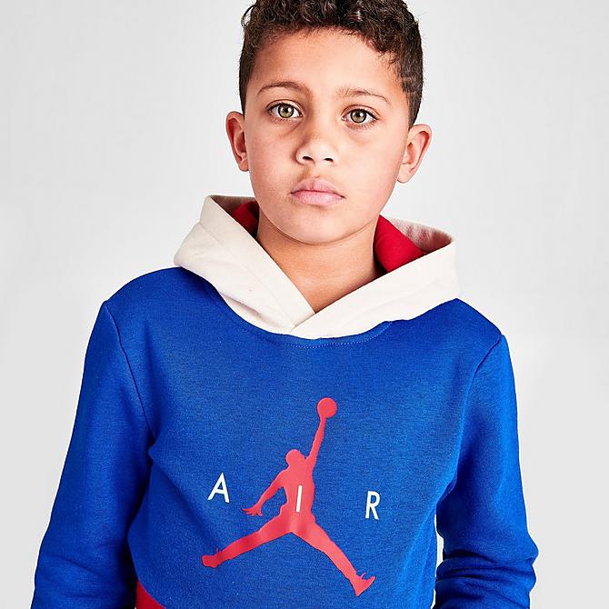 On Model 5 view of Boys' Little Kids' Jordan Wild Utility Pullover Hoodie in Racer Blue/Pearl White/Gym Red Click to zoom