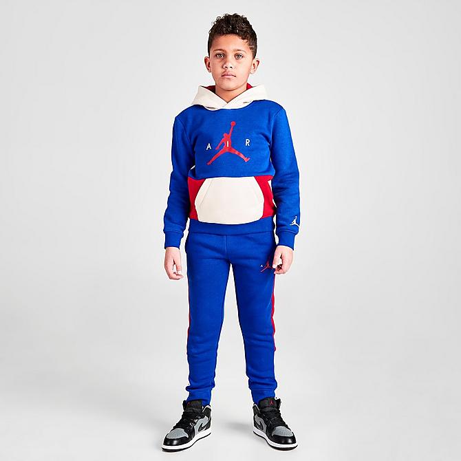 Front Three Quarter view of Boys' Little Kids' Jordan Wild Utility Jogger Pants in Racer Blue/Pearl White/Gym Red Click to zoom