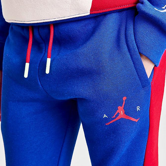 On Model 5 view of Boys' Little Kids' Jordan Wild Utility Jogger Pants in Racer Blue/Pearl White/Gym Red Click to zoom