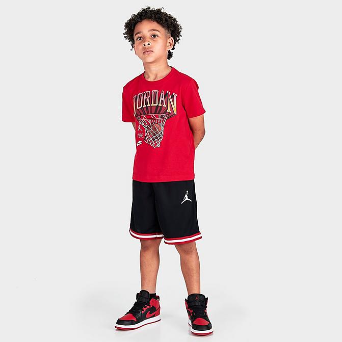 Front view of Boys' Little Kids' Jordan Hoops T-Shirt and Mesh Shorts Set in Gym Red/Black Click to zoom