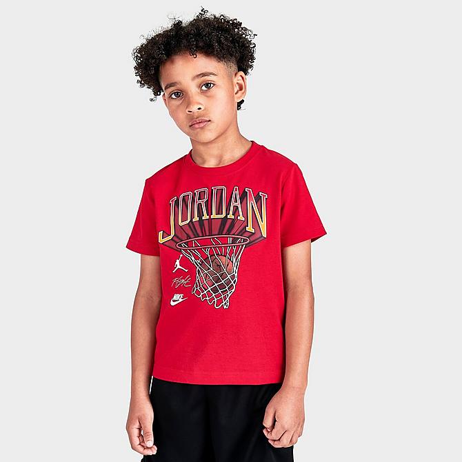 Back Left view of Boys' Little Kids' Jordan Hoops T-Shirt and Mesh Shorts Set in Gym Red/Black Click to zoom