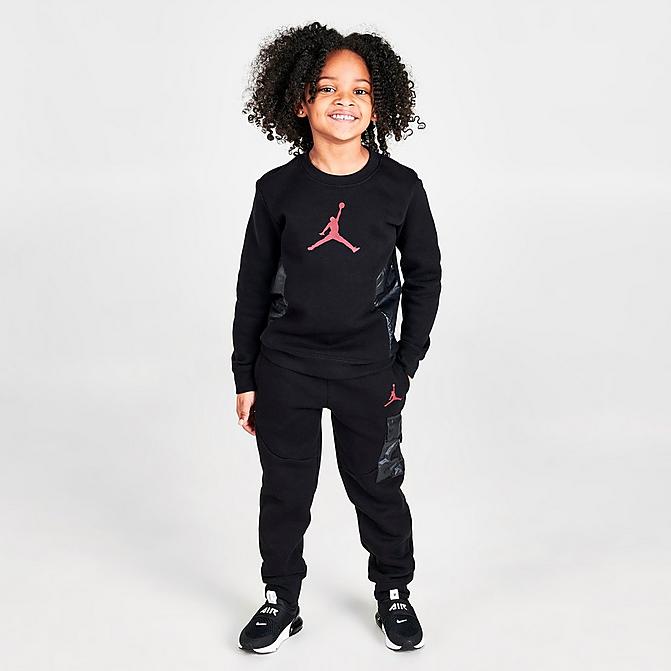 Front view of Boys' Little Kids' Jordan Premium Essentials Crewneck Sweatshirt and Jogger Pants Set in Black/Red Click to zoom