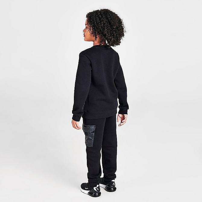 Front Three Quarter view of Boys' Little Kids' Jordan Premium Essentials Crewneck Sweatshirt and Jogger Pants Set in Black/Red Click to zoom