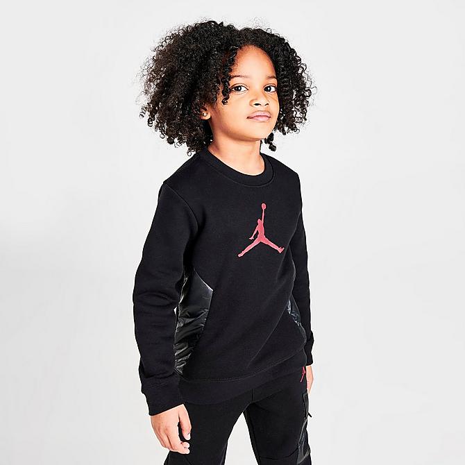 Back Left view of Boys' Little Kids' Jordan Premium Essentials Crewneck Sweatshirt and Jogger Pants Set in Black/Red Click to zoom
