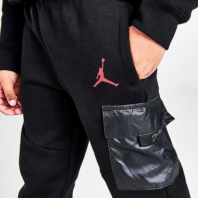 On Model 6 view of Boys' Little Kids' Jordan Premium Essentials Crewneck Sweatshirt and Jogger Pants Set in Black/Red Click to zoom
