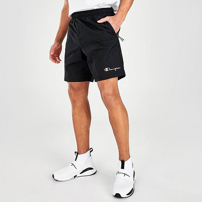 Front Three Quarter view of Men's Champion Nylon Warmup Shorts in Black Click to zoom