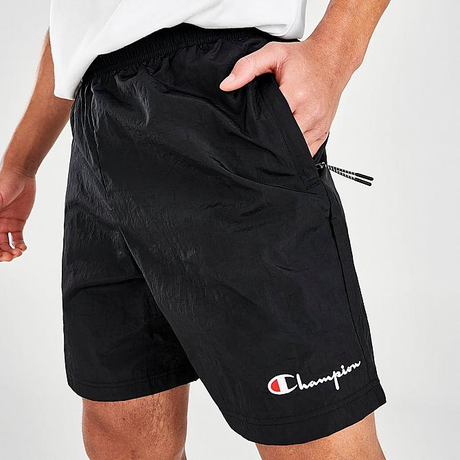 On Model 5 view of Men's Champion Nylon Warmup Shorts in Black Click to zoom