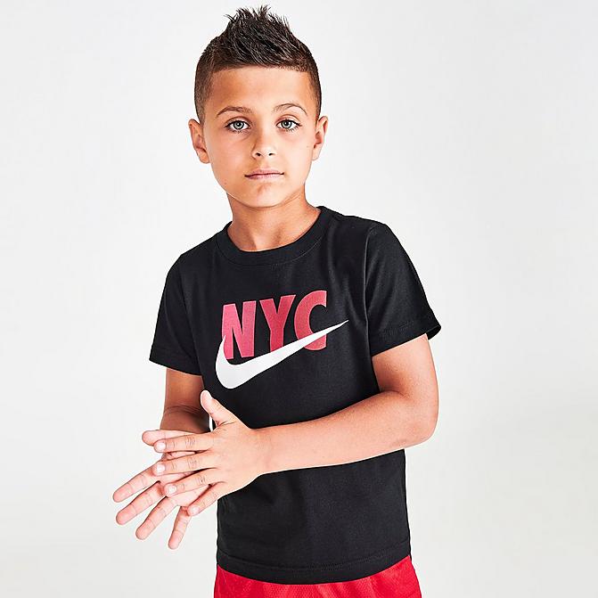 Front view of Little Kids' Nike Logo NYC T-Shirt in Black Click to zoom