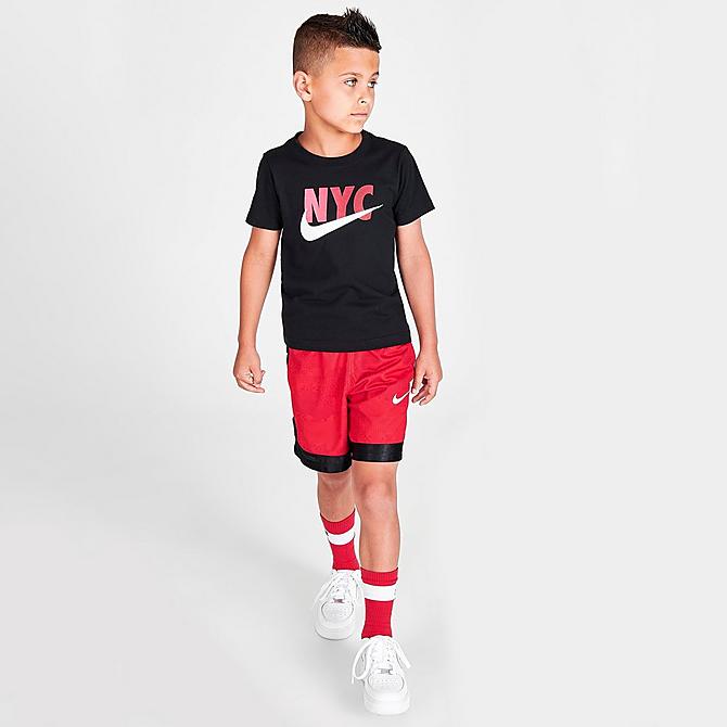 Front Three Quarter view of Little Kids' Nike Logo NYC T-Shirt in Black Click to zoom
