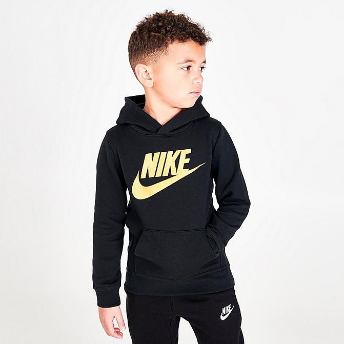 Front view of Little Kids' Nike Sportswear Club Fleece Pullover Hoodie in Black/Metallic Gold Click to zoom