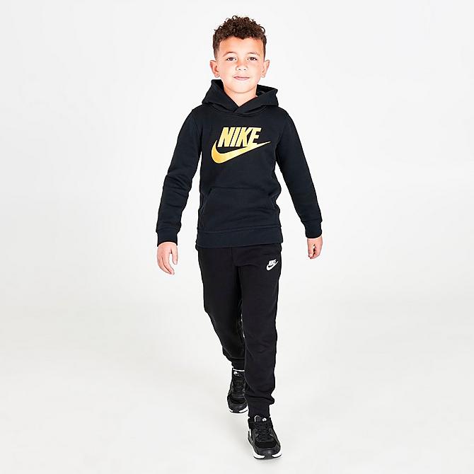 Front Three Quarter view of Little Kids' Nike Sportswear Club Fleece Pullover Hoodie in Black/Metallic Gold Click to zoom