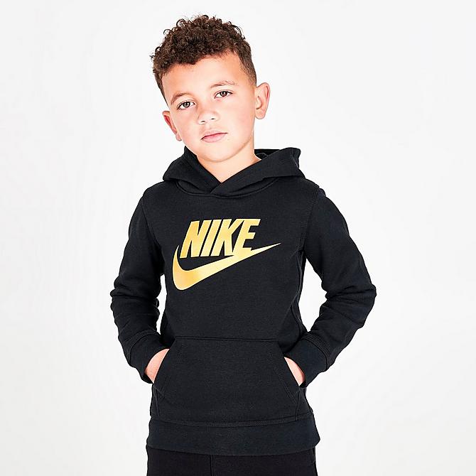 Back Left view of Little Kids' Nike Sportswear Club Fleece Pullover Hoodie in Black/Metallic Gold Click to zoom