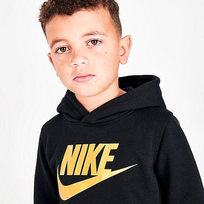 On Model 5 view of Little Kids' Nike Sportswear Club Fleece Pullover Hoodie in Black/Metallic Gold Click to zoom