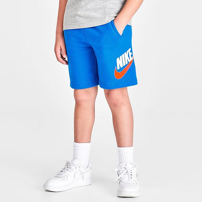 Front view of Boys' Little Kids' Nike Sportswear Club Fleece Shorts in Game Royal/White Click to zoom