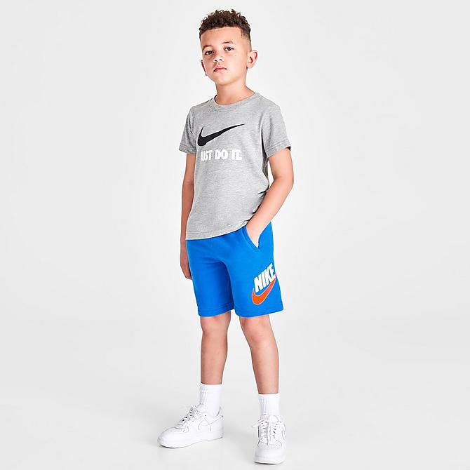 Front Three Quarter view of Boys' Little Kids' Nike Sportswear Club Fleece Shorts in Game Royal/White Click to zoom