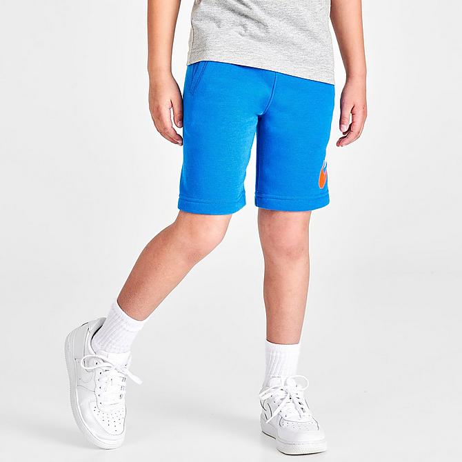Back Left view of Boys' Little Kids' Nike Sportswear Club Fleece Shorts in Game Royal/White Click to zoom