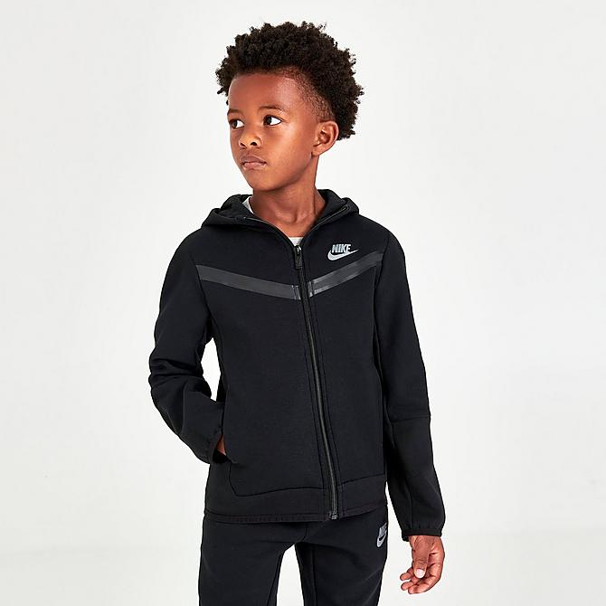 Back Left view of Boys' Little Kids' Nike Tech Fleece Full-Zip Hoodie and Joggers Set in Black Click to zoom