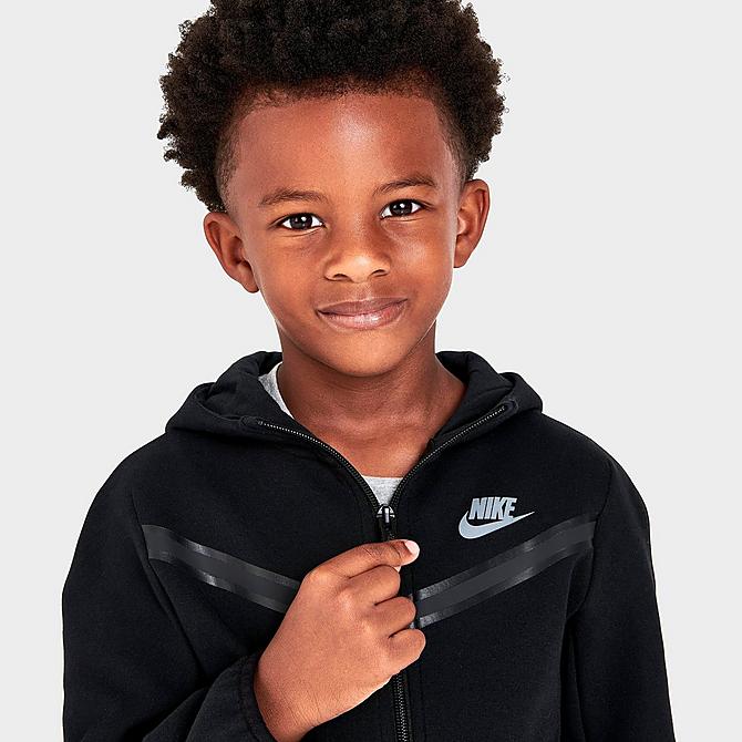 On Model 5 view of Boys' Little Kids' Nike Tech Fleece Full-Zip Hoodie and Joggers Set in Black Click to zoom