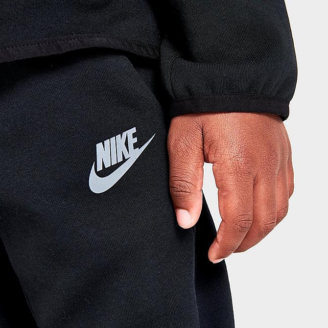 On Model 6 view of Boys' Little Kids' Nike Tech Fleece Full-Zip Hoodie and Joggers Set in Black Click to zoom