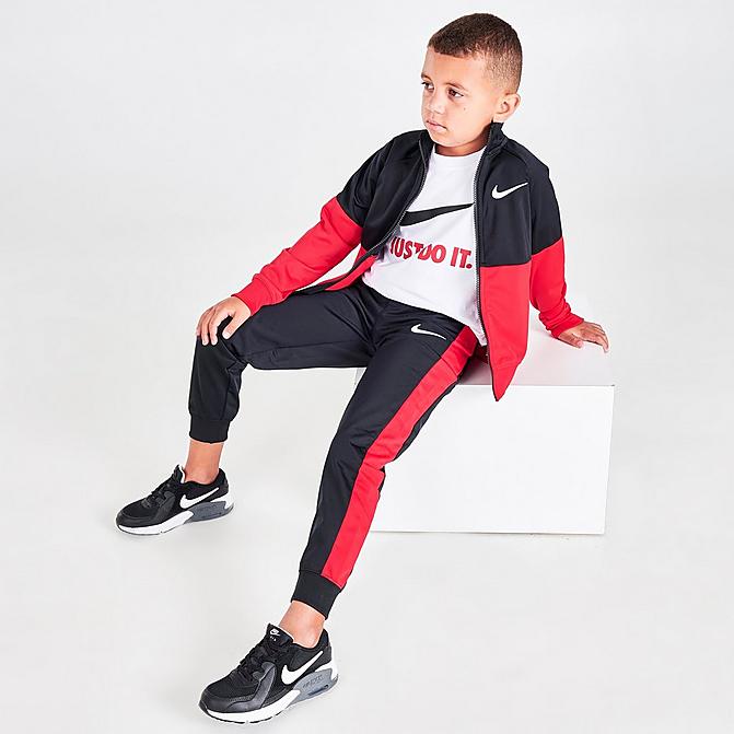 Front view of Boys' Little Kids' Nike Tricot 3-Piece Track Set and T-Shirt in Black/University Red Click to zoom
