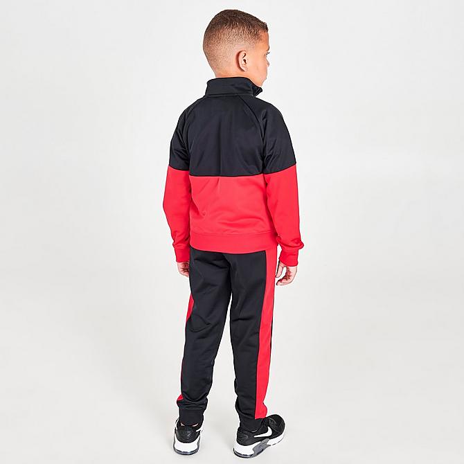 Front Three Quarter view of Boys' Little Kids' Nike Tricot 3-Piece Track Set and T-Shirt in Black/University Red Click to zoom
