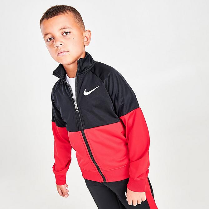 Back Left view of Boys' Little Kids' Nike Tricot 3-Piece Track Set and T-Shirt in Black/University Red Click to zoom