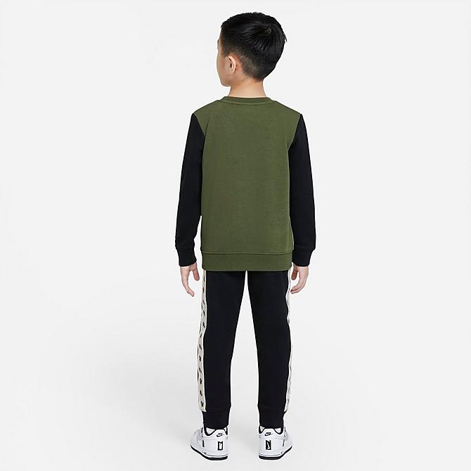 Front Three Quarter view of Little Kids' Nike Elevated Trims Sweatshirt and Jogger Pants Set in Green/Black Click to zoom