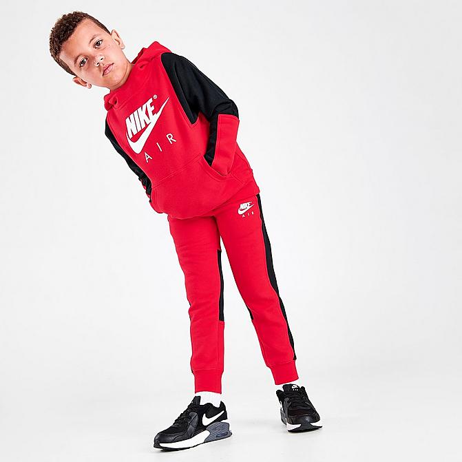 Front view of Boys' Little Kids' Nike Air Pullover Hoodie and Joggers Set in Red/Black/White Click to zoom