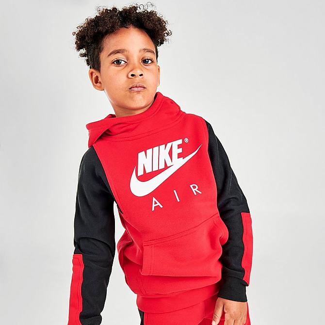 Back Left view of Boys' Little Kids' Nike Air Pullover Hoodie and Joggers Set in Red/Black/White Click to zoom