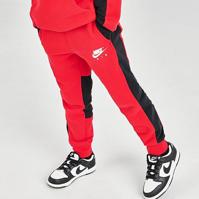 Back Right view of Boys' Little Kids' Nike Air Pullover Hoodie and Joggers Set in Red/Black/White Click to zoom