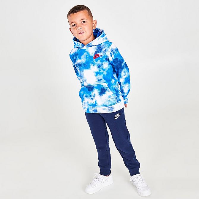 Front Three Quarter view of Boys' Little Kids' Nike Allover Print Club Fleece Hoodie in White/Blue Click to zoom