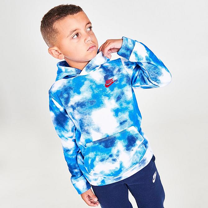 Back Left view of Boys' Little Kids' Nike Allover Print Club Fleece Hoodie in White/Blue Click to zoom
