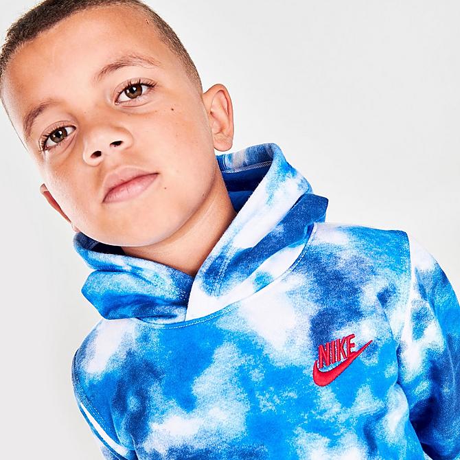 On Model 6 view of Boys' Little Kids' Nike Allover Print Club Fleece Hoodie in White/Blue Click to zoom