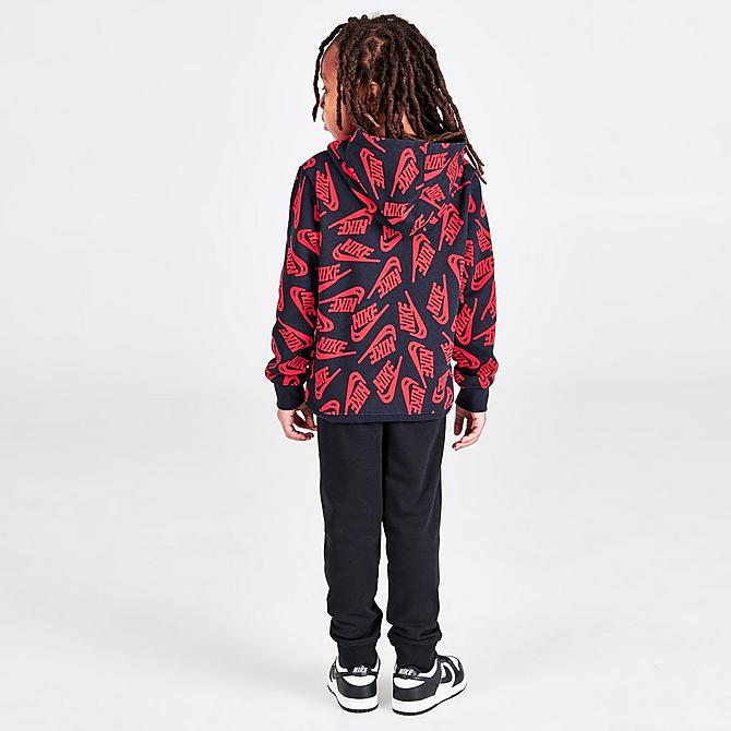 Front Three Quarter view of Boys' Little Kids' Nike Sportswear Futura Toss Allover Print Fleece Hoodie and Jogger Pants Set in Black/University Red/White Click to zoom