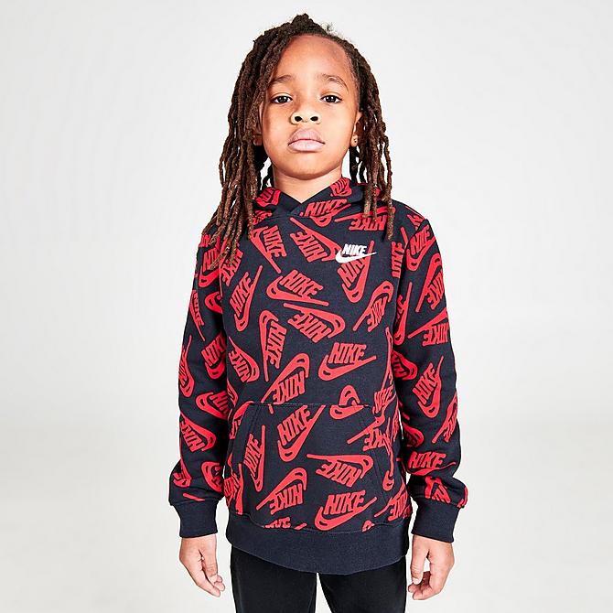 Back Left view of Boys' Little Kids' Nike Sportswear Futura Toss Allover Print Fleece Hoodie and Jogger Pants Set in Black/University Red/White Click to zoom