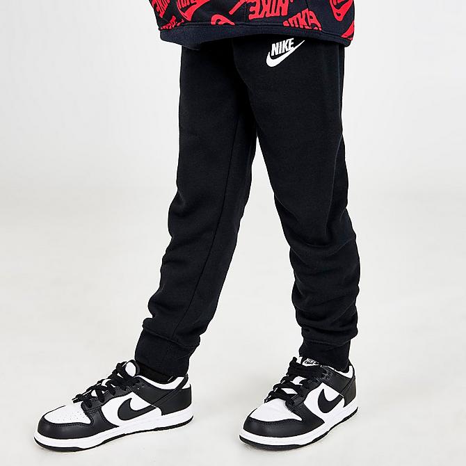 Back Right view of Boys' Little Kids' Nike Sportswear Futura Toss Allover Print Fleece Hoodie and Jogger Pants Set in Black/University Red/White Click to zoom