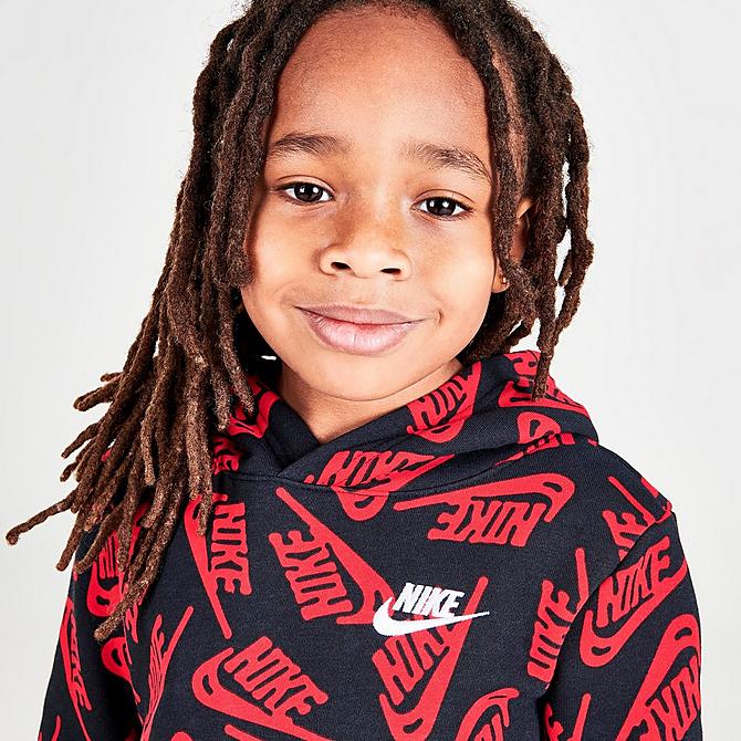 On Model 5 view of Boys' Little Kids' Nike Sportswear Futura Toss Allover Print Fleece Hoodie and Jogger Pants Set in Black/University Red/White Click to zoom