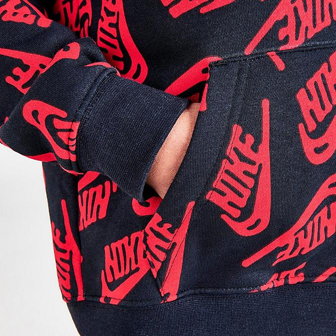 On Model 6 view of Boys' Little Kids' Nike Sportswear Futura Toss Allover Print Fleece Hoodie and Jogger Pants Set in Black/University Red/White Click to zoom