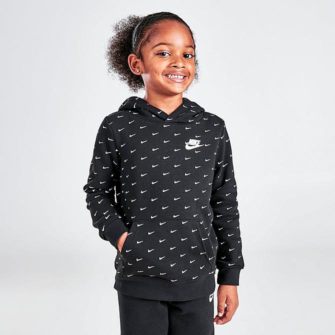 Back Left view of Little Kids' Nike Allover Print Swoosh Hoodie and Jogger Pants Set in Black/White Click to zoom