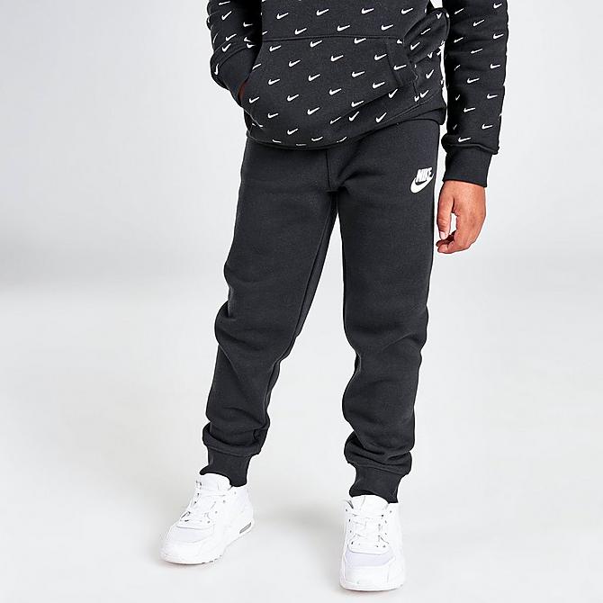 Back Right view of Little Kids' Nike Allover Print Swoosh Hoodie and Jogger Pants Set in Black/White Click to zoom