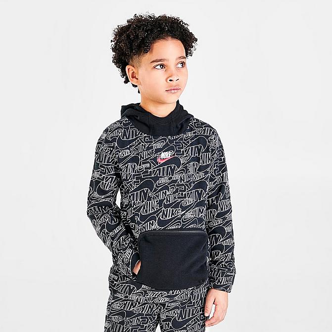 Front view of Boys' Little Kids' Nike Sportswear Read Allover Print Hoodie in Black/White Click to zoom