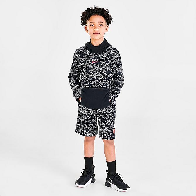 Front Three Quarter view of Boys' Little Kids' Nike Sportswear Read Allover Print Hoodie in Black/White Click to zoom