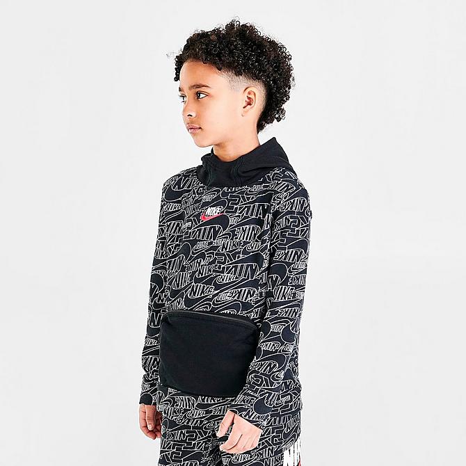 Back Left view of Boys' Little Kids' Nike Sportswear Read Allover Print Hoodie in Black/White Click to zoom