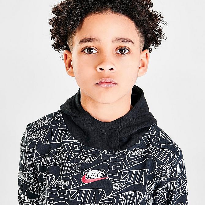 On Model 5 view of Boys' Little Kids' Nike Sportswear Read Allover Print Hoodie in Black/White Click to zoom