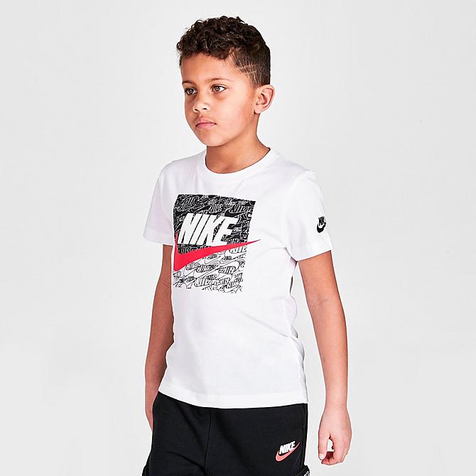 Back Left view of Boys' Little Kids' Nike Read Box Fill T-Shirt in White/Black/Red Click to zoom
