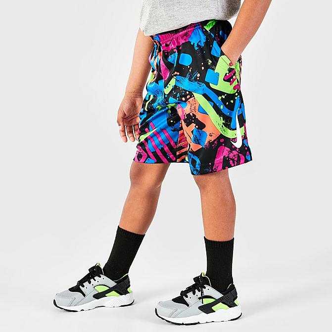 Front view of Boys' Little Kids' Nike Thrill Allover Print Dri-FIT Shorts in Black/Multi Click to zoom